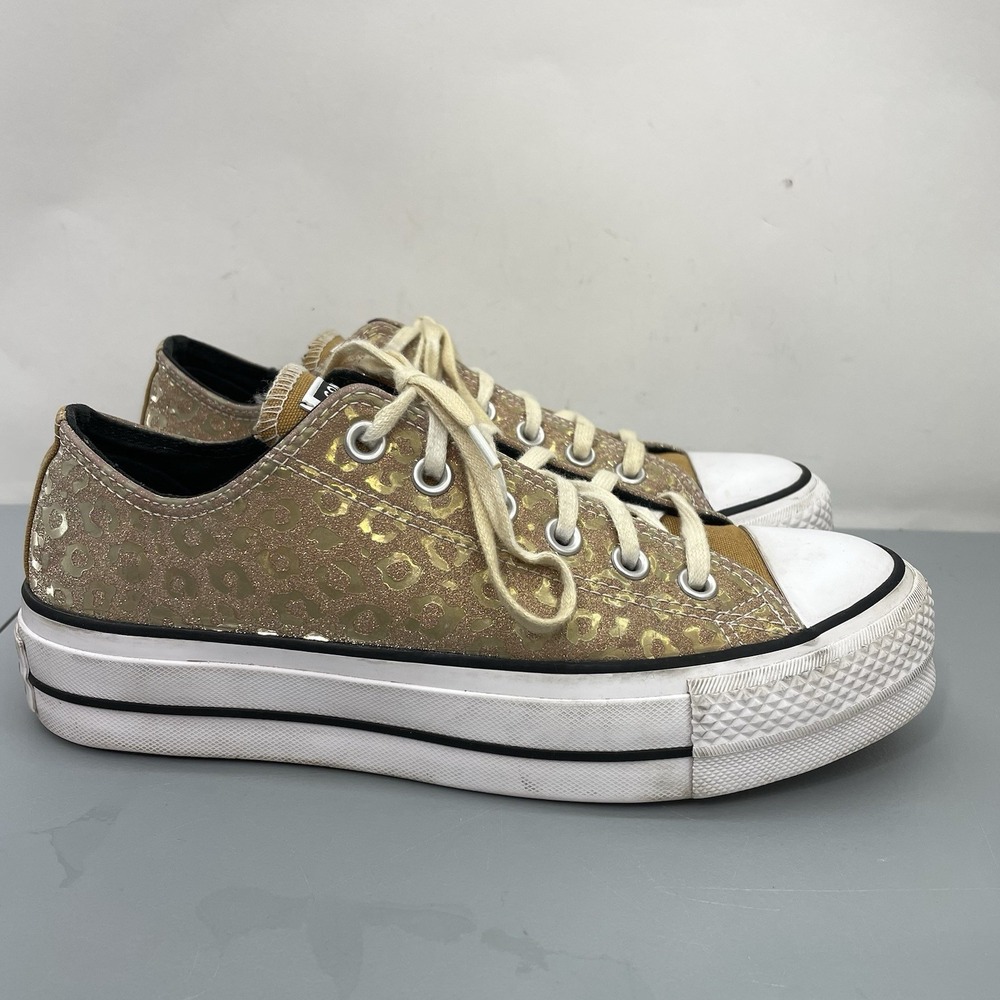 Converse All Star Lift Low Sneakers Platform Glam Gold Glitter Leopard Womens 8